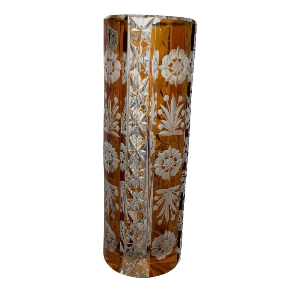 Crystal Vase Amber Hand Cut To Clear Huge 8" Tall Floral Design Vintage Poland